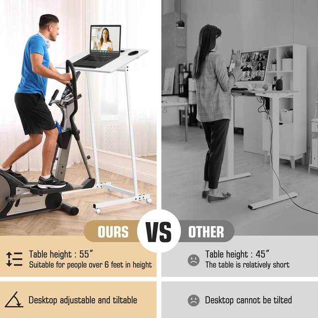 Alt view image 4 of 7 - Treadmill Desk, Mobile Small Standing Desk with Wheels for Walking Pad, Portable Table for Laptop, Rolling Table Adjustable Height, Bedside TableWhite