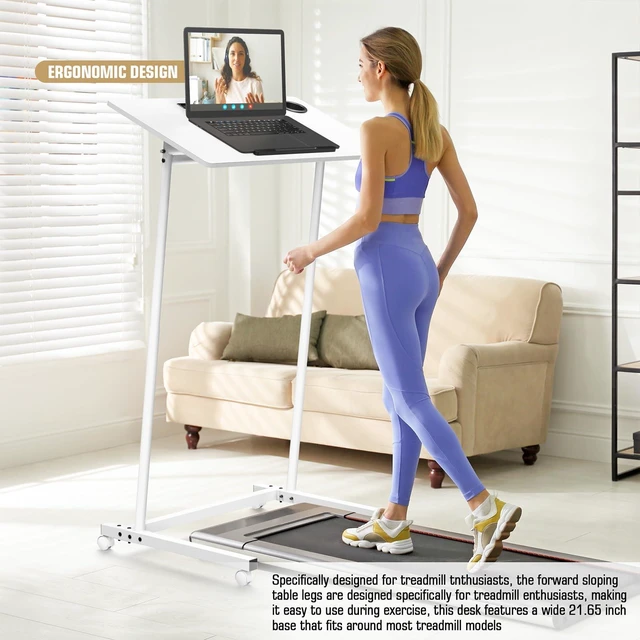 Alt view image 5 of 7 - Treadmill Desk, Mobile Small Standing Desk with Wheels for Walking Pad, Portable Table for Laptop, Rolling Table Adjustable Height, Bedside TableWhite