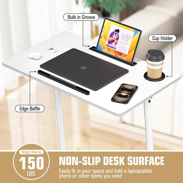 Alt view image 6 of 7 - Treadmill Desk, Mobile Small Standing Desk with Wheels for Walking Pad, Portable Table for Laptop, Rolling Table Adjustable Height, Bedside TableWhite