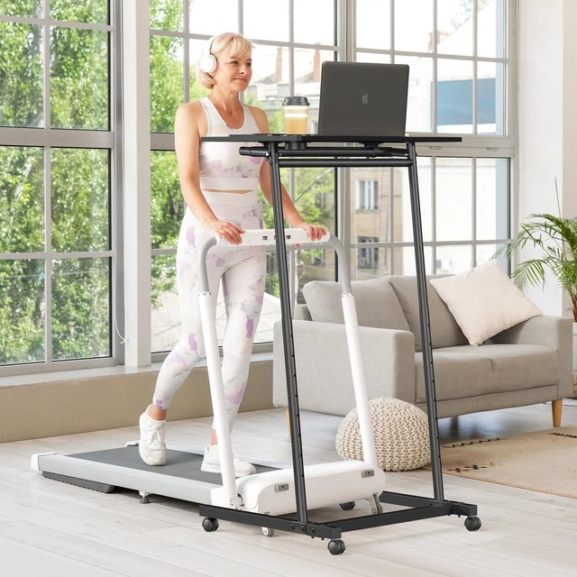 Alt view image 2 of 7 - Treadmill Desk, Mobile Small Standing Desk with Wheels for Walking Pad, Portable Table for Laptop, Rolling Table Adjustable Height, Bedside TableBlack