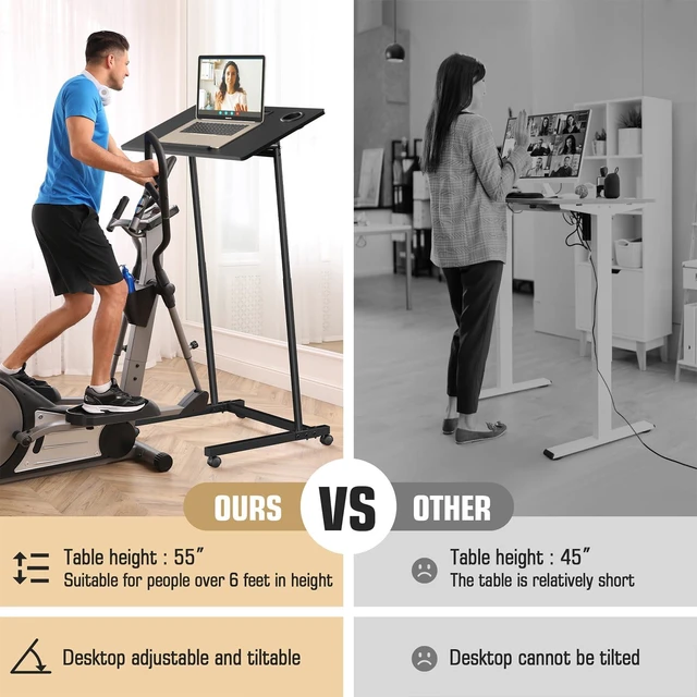 Alt view image 4 of 7 - Treadmill Desk, Mobile Small Standing Desk with Wheels for Walking Pad, Portable Table for Laptop, Rolling Table Adjustable Height, Bedside TableBlack