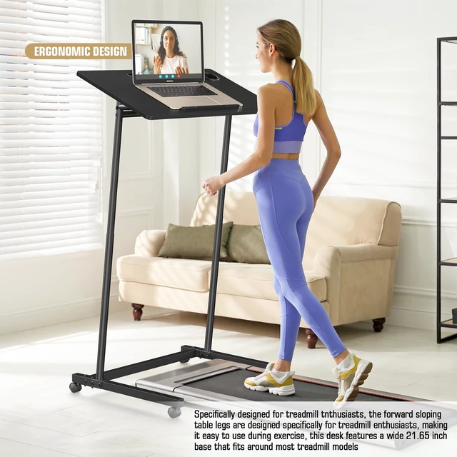 Alt view image 5 of 7 - Treadmill Desk, Mobile Small Standing Desk with Wheels for Walking Pad, Portable Table for Laptop, Rolling Table Adjustable Height, Bedside TableBlack