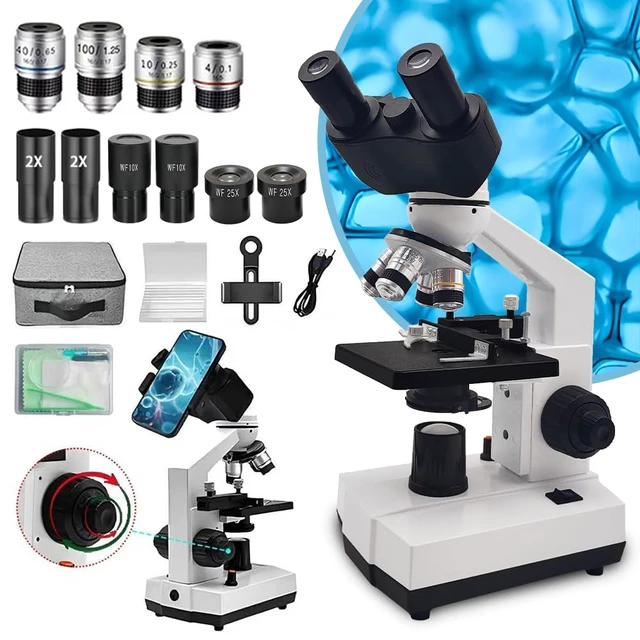 Alt view image 2 of 7 - Adult Student Compound Binocular Microscope - 40X-5000X High-Magnification Large-Field Professional Biological Microscope, Suitable for Schools, Laboratories, and Home Education