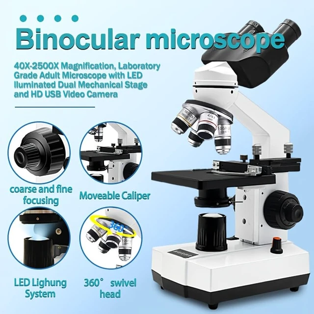 Alt view image 6 of 7 - Adult Student Compound Binocular Microscope - 40X-5000X High-Magnification Large-Field Professional Biological Microscope, Suitable for Schools, Laboratories, and Home Education