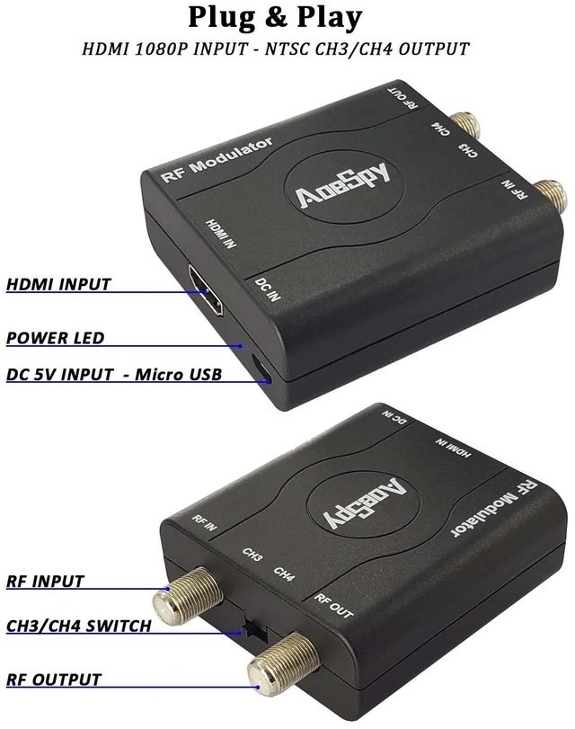 Alt view image 3 of 7 - HDMI RF Modulator Coax Adapter VHF Converter for PS4 PS5 Xbox NS Gaming Laptop Fire Stick Roku Blu-ray Player Chromecast DVR Set-top Cable Box HD Digital Video to Analog Female F Type Coaxial NTSC TV