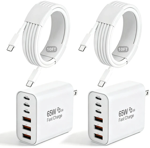 Main image of 2-Pack 65W USB C Charger Block, 6-Port Multiport Adpater Fast Charging 10 Feet Long USB C to C Cable Cord for Apple iPhone 17 Pro Max,17 Air, 16/16 Pro Max/15 Plus/15, iPad Pro/Air, AirPods