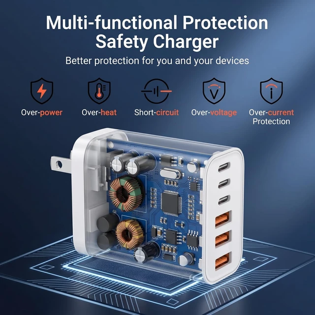 Alt view image 2 of 7 - 2-Pack 65W USB C Charger Block, 6-Port Multiport Adpater Fast Charging 10 Feet Long USB C to C Cable Cord for Apple iPhone 17 Pro Max,17 Air, 16/16 Pro Max/15 Plus/15, iPad Pro/Air, AirPods