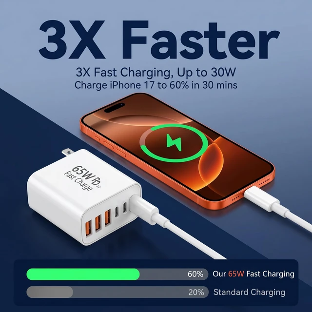 Alt view image 4 of 7 - 2-Pack 65W USB C Charger Block, 6-Port Multiport Adpater Fast Charging 10 Feet Long USB C to C Cable Cord for Apple iPhone 17 Pro Max,17 Air, 16/16 Pro Max/15 Plus/15, iPad Pro/Air, AirPods