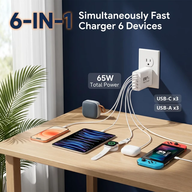 Alt view image 3 of 7 - 2-Pack 65W USB C Charger Block, 6-Port Multiport Adpater Fast Charging 10 Feet Long USB C to C Cable Cord for Apple iPhone 17 Pro Max,17 Air, 16/16 Pro Max/15 Plus/15, iPad Pro/Air, AirPods