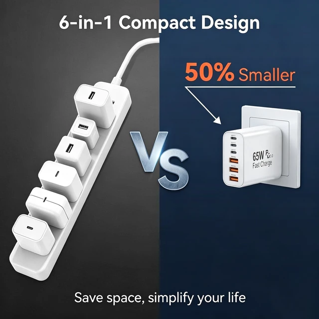 Alt view image 5 of 7 - 2-Pack 65W USB C Charger Block, 6-Port Multiport Adpater Fast Charging 10 Feet Long USB C to C Cable Cord for Apple iPhone 17 Pro Max,17 Air, 16/16 Pro Max/15 Plus/15, iPad Pro/Air, AirPods