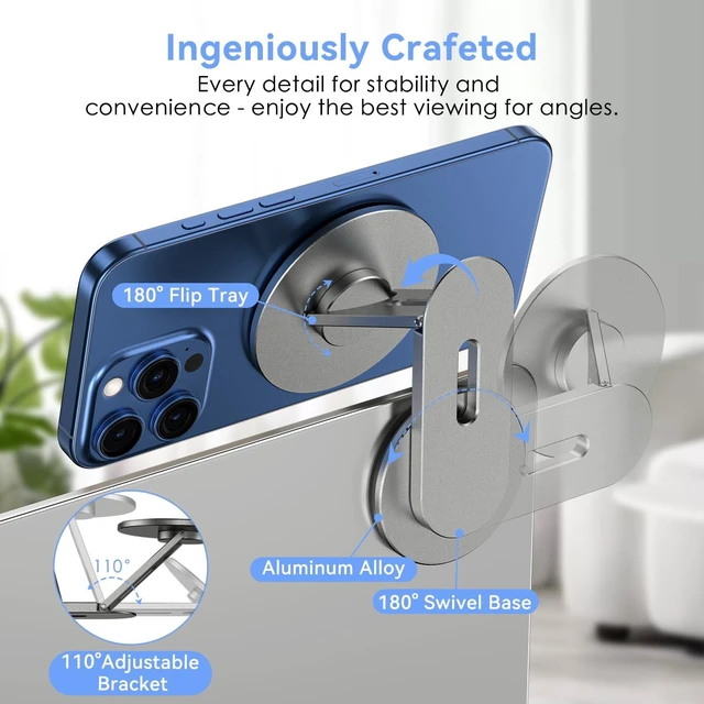 Alt view image 3 of 7 - Magnetic Laptop Phone Holder, 360° Rotating Mount, Grey Compatible with iPhone MagSafe and All Phones, MacBook, PC Monitor, Screen Stand for Tesla, Portable Accessory
