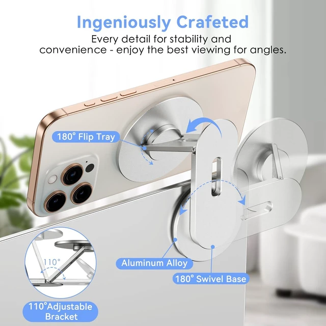 Alt view image 3 of 7 - Magnetic Laptop Phone Holder, 360° Rotating Mount, Silver Compatible with iPhone MagSafe and All Phones, MacBook, PC Monitor, Screen Stand for Tesla, Portable Accessory
