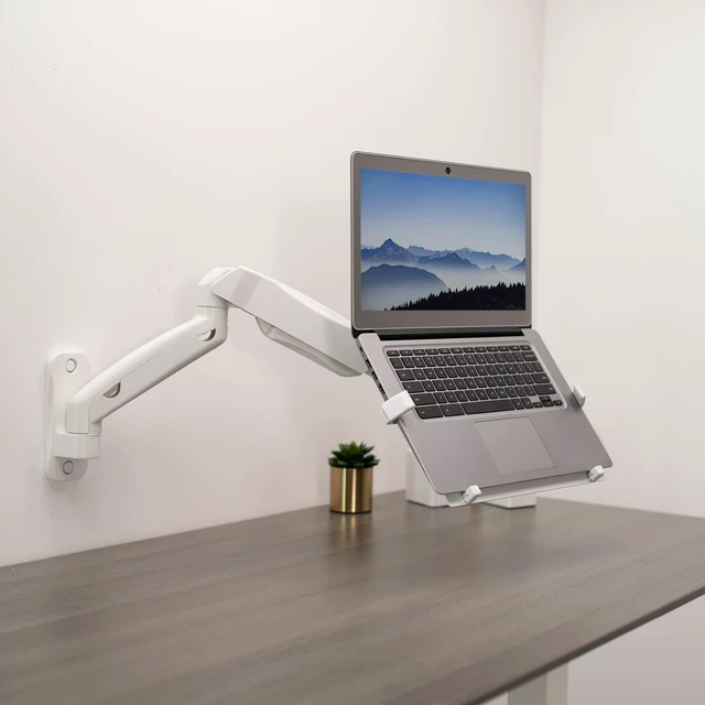 Alt view image 2 of 7 - White Laptop Wall Mount for 10-15.6 in Screens, MOUNT-V001GLW Height Adjustable Pneumatic Extended Arm, Full Motion Articulating Notebook Tray, Holds 9.9 lbs