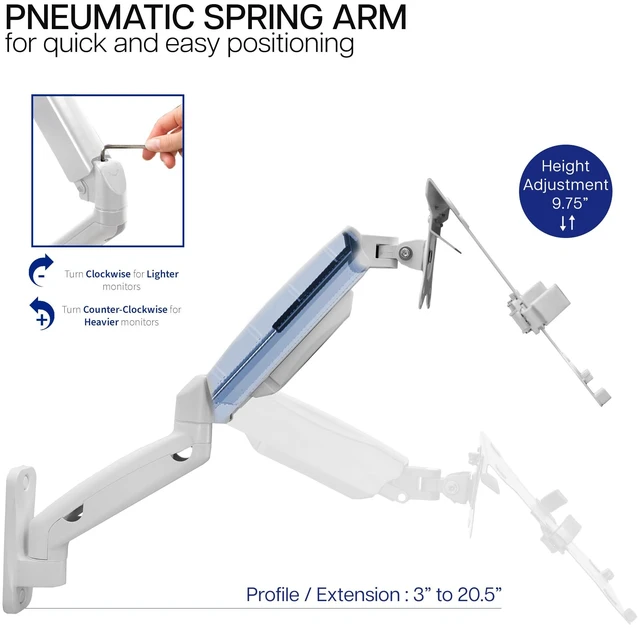 Alt view image 3 of 7 - White Laptop Wall Mount for 10-15.6 in Screens, MOUNT-V001GLW Height Adjustable Pneumatic Extended Arm, Full Motion Articulating Notebook Tray, Holds 9.9 lbs