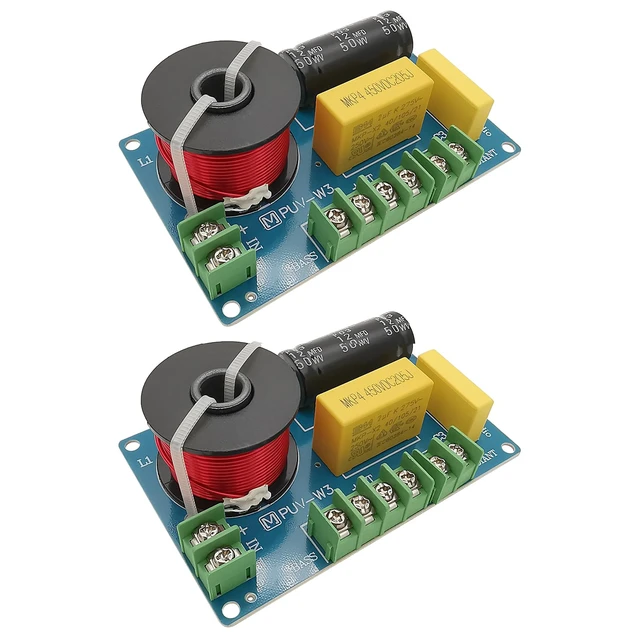 Main image of 3 Way Speaker Crossover, 200W Passive for HiFi Home Audio, 2 Pack Model PUV-W3, 4-8 Ohm Frequency Divider for Bass Midrange Tweeter Bookshelf Speakers