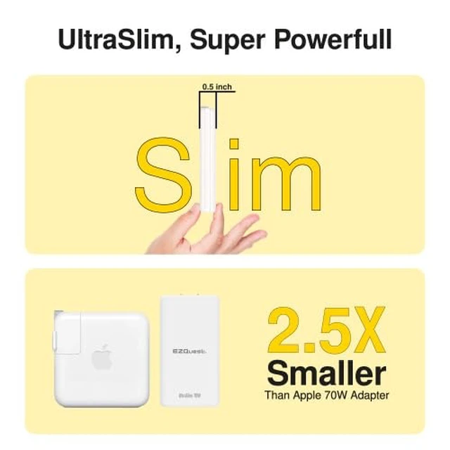 Alt view image 5 of 7 - UltraSlim 70W GaN II Dual USB-C PD Wall Charger - Compact Flat Plug Adapter with Foldable Design, Intelligent Power Allocation & Fast Charging for Laptops & Phones - White
