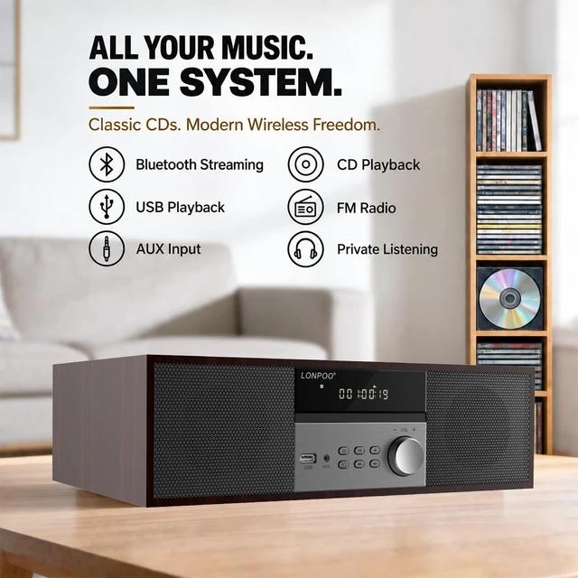 Alt view image 2 of 7 - 40W Bluetooth Stereo System for Home, Micro Hi-Fi CD Player with FM Radio, USB MP3 Playback, MP3 Disc Support, AUX Input, DSP Sound Technology, Dual Speakers & Remote