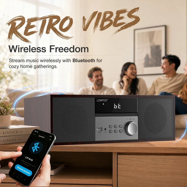 Alt view image 4 of 7 - 40W Bluetooth Stereo System for Home, Micro Hi-Fi CD Player with FM Radio, USB MP3 Playback, MP3 Disc Support, AUX Input, DSP Sound Technology, Dual Speakers & Remote