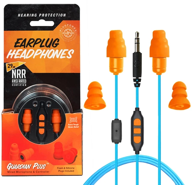Main image of Guardian Plus Safety Earplug Headphones, OSHA Compliant, Orange 27-29dB NRR Foam/Silicone Plugs, Ear Plug Headphones for Work, Earbuds for Warehouse Construction Racing Helmet, Plug Phones