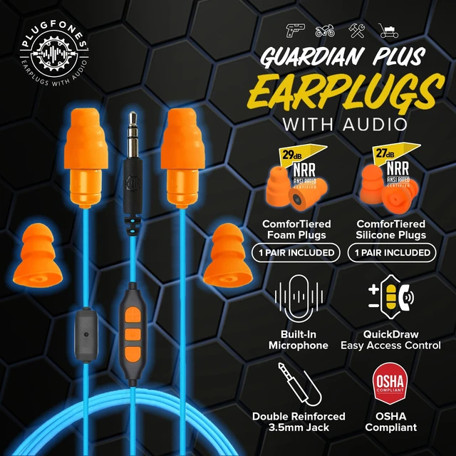 Alt view image 2 of 7 - Guardian Plus Safety Earplug Headphones, OSHA Compliant, Orange 27-29dB NRR Foam/Silicone Plugs, Ear Plug Headphones for Work, Earbuds for Warehouse Construction Racing Helmet, Plug Phones