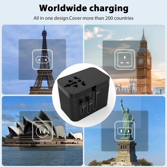Alt view image 2 of 6 - Universal Travel Adapter, European Travel Plug Adapter 5-in-1 PD Fast Charging with Surge Protection & Fuse, International Power Adapter for US EU UK AU - Black