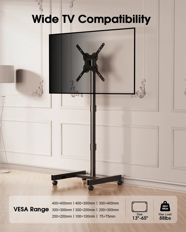 Alt view image 4 of 7 - Rolling TV Stand for 13-65 Inch TVs/Screens, Sturdy 50mm Support Pole 2 Height Adjustable Mobile TV Floor Stand on Wheels up to 88Lbs, Portable TV/Monitor Cart for Bedroom, Outdoor, Office