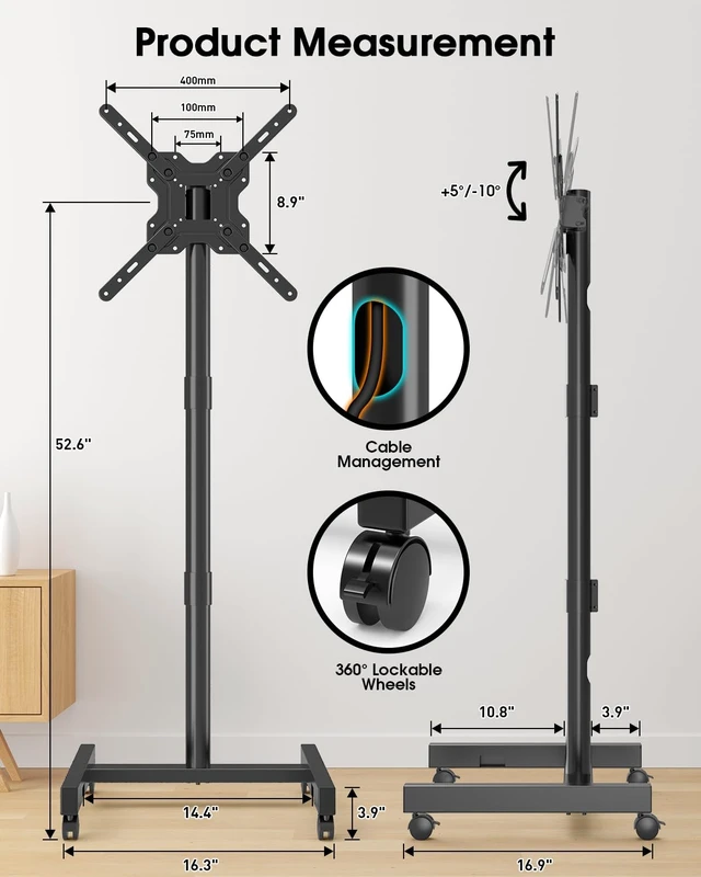 Alt view image 5 of 7 - Rolling TV Stand for 13-65 Inch TVs/Screens, Sturdy 50mm Support Pole 2 Height Adjustable Mobile TV Floor Stand on Wheels up to 88Lbs, Portable TV/Monitor Cart for Bedroom, Outdoor, Office