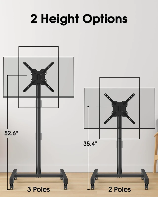 Alt view image 6 of 7 - Rolling TV Stand for 13-65 Inch TVs/Screens, Sturdy 50mm Support Pole 2 Height Adjustable Mobile TV Floor Stand on Wheels up to 88Lbs, Portable TV/Monitor Cart for Bedroom, Outdoor, Office