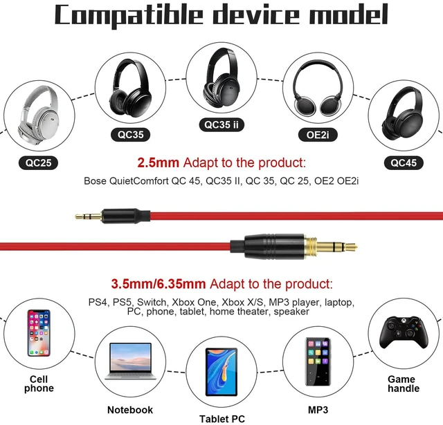 Alt view image 2 of 7 - 16ft 3.5 to 2.5 Aux Cable Replacement Spring Relief Coiled Cord Compatible with Bose 700 QuietComfort SE QC45 QC35II QC35 QC25 Soundtrue OE2 OE2i Headphones, JBL E45BT E55BT E65BTNC Earphone(Red)
