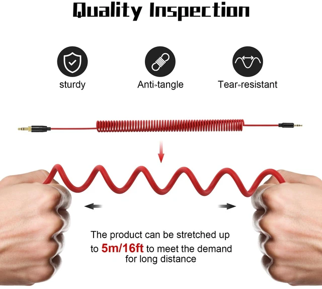 Alt view image 5 of 7 - 16ft 3.5 to 2.5 Aux Cable Replacement Spring Relief Coiled Cord Compatible with Bose 700 QuietComfort SE QC45 QC35II QC35 QC25 Soundtrue OE2 OE2i Headphones, JBL E45BT E55BT E65BTNC Earphone(Red)