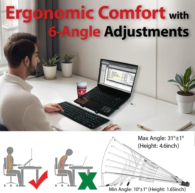 Alt view image 2 of 7 - Portable Laptop Stand, Foldable Laptop, (10-15.6") Stand for Desk and, Ergonomic 6-Level Angle Adjustable Computer Riser, Compact ABS Holder Compatible with All Lap Tops