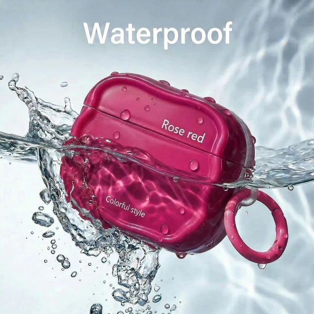 Alt view image 3 of 6 - Wave Series Case for AirPods Pro 3, Unique Irregular Wave-Shaped Glossy TPU Protective Cover with White Carabiner, Minimalist Aesthetic Design - Rose Red