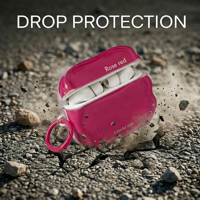 Alt view image 2 of 6 - Wave Series Case for AirPods Pro 3, Unique Irregular Wave-Shaped Glossy TPU Protective Cover with White Carabiner, Minimalist Aesthetic Design - Rose Red