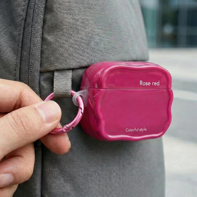 Alt view image 5 of 6 - Wave Series Case for AirPods Pro 3, Unique Irregular Wave-Shaped Glossy TPU Protective Cover with White Carabiner, Minimalist Aesthetic Design - Rose Red