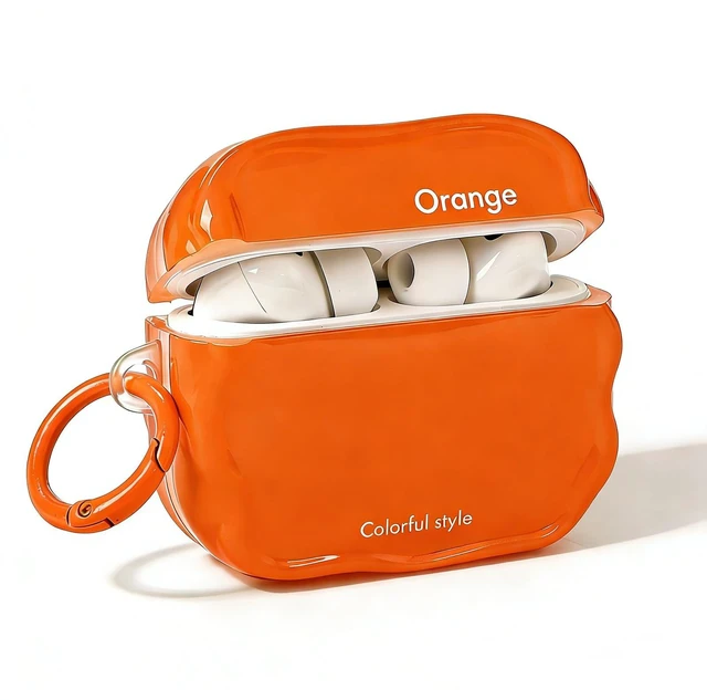 Main image of Wave Series Case for AirPods Pro 3, Unique Irregular Wave-Shaped Glossy TPU Protective Cover with White Carabiner, Minimalist Aesthetic Design - Orange
