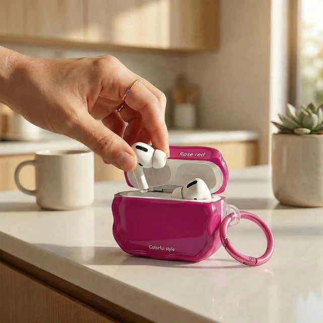 Alt view image 4 of 6 - Wave Series Case for AirPods Pro 3, Unique Irregular Wave-Shaped Glossy TPU Protective Cover with White Carabiner, Minimalist Aesthetic Design - Rose Red