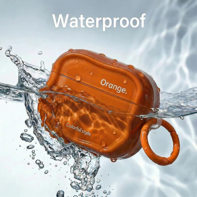 Alt view image 3 of 6 - Wave Series Case for AirPods Pro 3, Unique Irregular Wave-Shaped Glossy TPU Protective Cover with White Carabiner, Minimalist Aesthetic Design - Orange