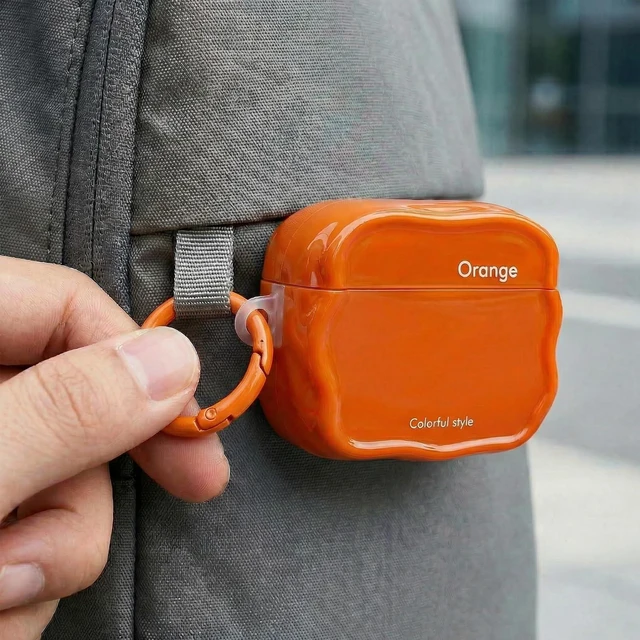 Alt view image 5 of 6 - Wave Series Case for AirPods Pro 3, Unique Irregular Wave-Shaped Glossy TPU Protective Cover with White Carabiner, Minimalist Aesthetic Design - Orange