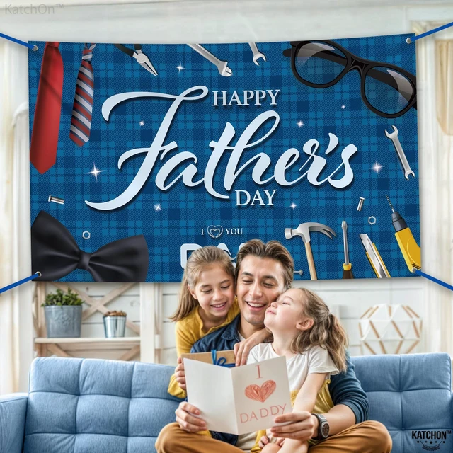 Alt view image 6 of 7 - Blue Happy Fathers Day Banner Backdrop 72x44 Inch Blue Happy Fathers Day Decorations for Party, Happy Father's Day Backdrop for Party, I Love You Dad Banner