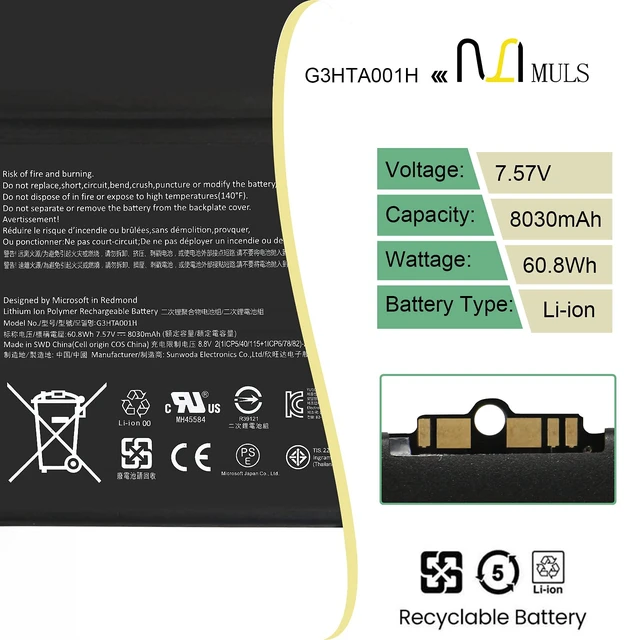 Alt view image 2 of 6 - G3HTA001H Keyboard Battery for Microsoft Surface Book 1st Gen Model 1785 with Performance Base (GTX 965M) Enhanced Edition 93HTA001H 7.57V 8030mAh 60.8Wh Perfect Compatibility, Extended runtime