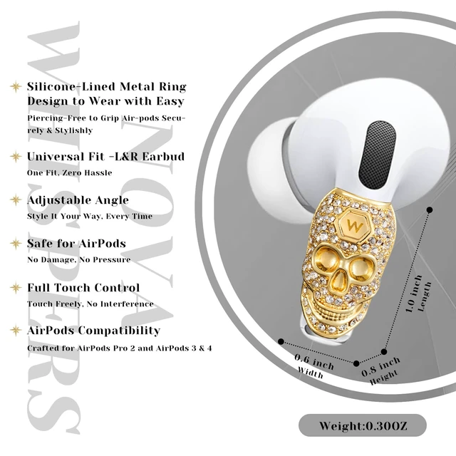 Alt view image 3 of 7 - Headphone Jewelry - Anti-Slip Gothic Fashion Earbud Earring, 14K Golden Skull Hook for Couples, Best Friends Brithday Gift with Airpods 4, Pro 3, Pro 2 (1pcs for Right/Left, Portable Box)
