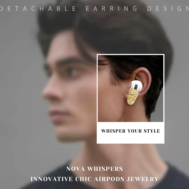 Alt view image 2 of 7 - Headphone Jewelry - Anti-Slip Gothic Fashion Earbud Earring, 14K Golden Skull Hook for Couples, Best Friends Brithday Gift with Airpods 4, Pro 3, Pro 2 (1pcs for Right/Left, Portable Box)
