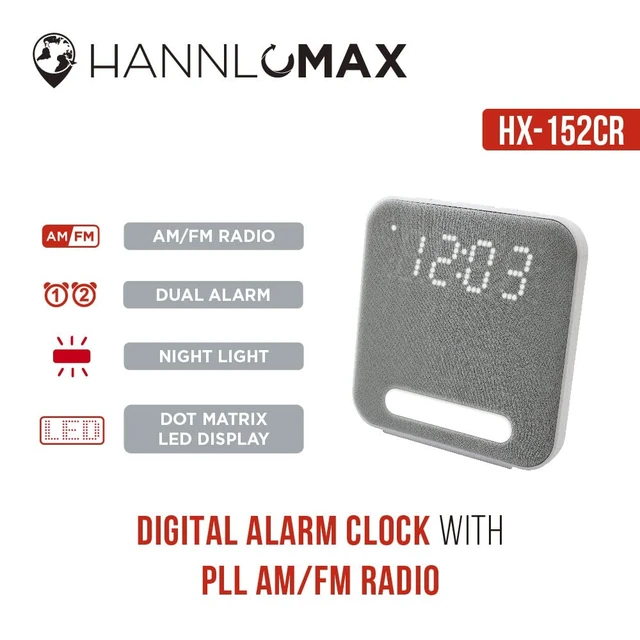 Alt view image 4 of 7 - HX-152CR Alarm Clock Radio, 1.2" LED Display (Grey Mesh) AM/FM Radio, Digital Clock, Dual Alarm, 1.2 White Dot LED Display, Night Light, Dimmer