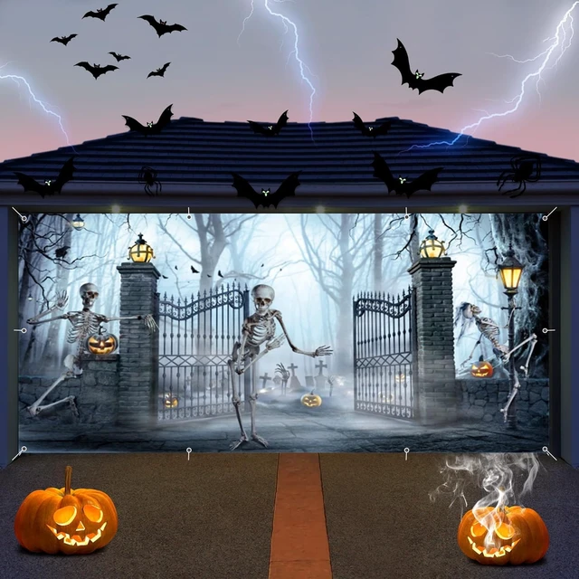 Alt view image 2 of 7 - Halloween Garage Door Cover Banner Decorations 7x16ft Scary Halloween Backdrop,2 Car Garage Door Cover,Misty Forest Ghost Backdrop,Wall Decor for Outdoor Holiday Decoration