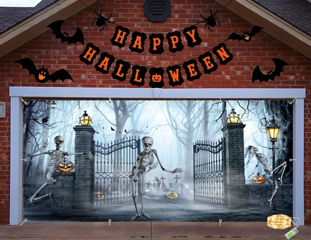 Alt view image 3 of 7 - Halloween Garage Door Cover Banner Decorations 7x16ft Scary Halloween Backdrop,2 Car Garage Door Cover,Misty Forest Ghost Backdrop,Wall Decor for Outdoor Holiday Decoration