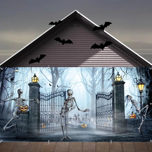 Alt view image 6 of 7 - Halloween Garage Door Cover Banner Decorations 7x16ft Scary Halloween Backdrop,2 Car Garage Door Cover,Misty Forest Ghost Backdrop,Wall Decor for Outdoor Holiday Decoration