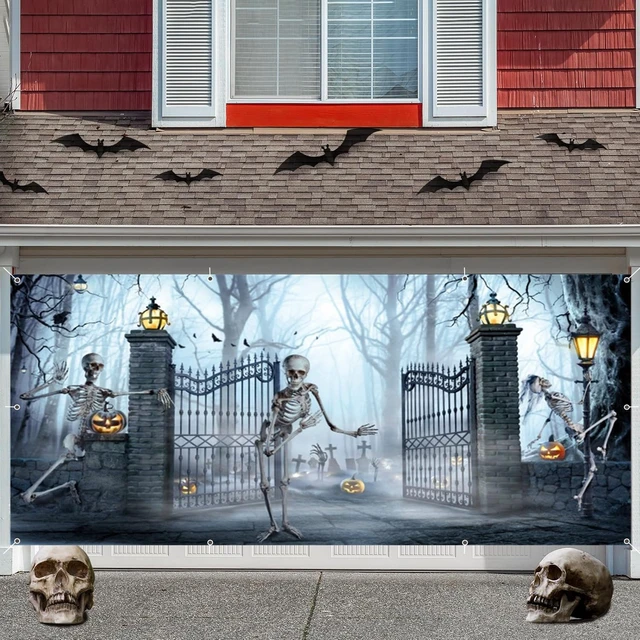 Alt view image 7 of 7 - Halloween Garage Door Cover Banner Decorations 7x16ft Scary Halloween Backdrop,2 Car Garage Door Cover,Misty Forest Ghost Backdrop,Wall Decor for Outdoor Holiday Decoration