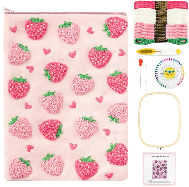 Main image of DIY Embroidered Strawberry Padded Sleeve Pouch for Tablet, 7-8Inch Christmas Strawberry Embroidery Kit, Padded Thread & Fabric, Fits E-Reader iPad Mini Universal 6-6.8 7-8 Inch Tablet