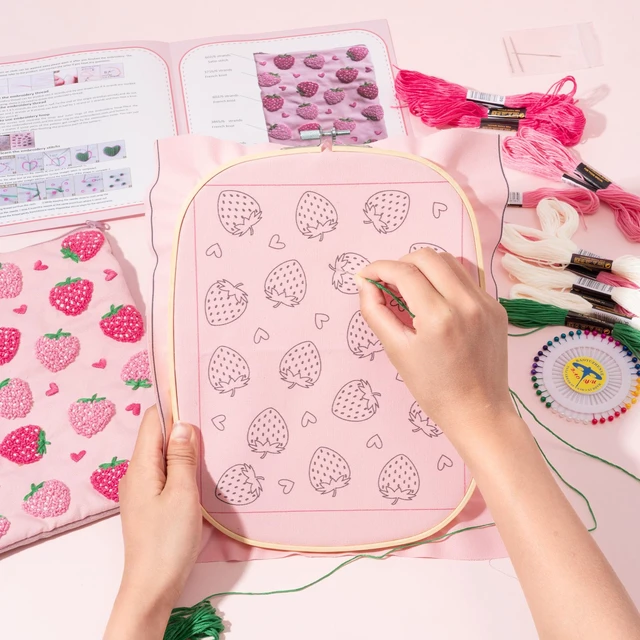 Alt view image 4 of 7 - DIY Embroidered Strawberry Padded Sleeve Pouch for Tablet, 7-8Inch Christmas Strawberry Embroidery Kit, Padded Thread & Fabric, Fits E-Reader iPad Mini Universal 6-6.8 7-8 Inch Tablet