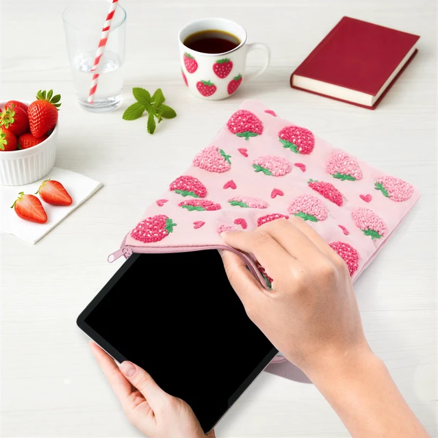 Alt view image 5 of 7 - DIY Embroidered Strawberry Padded Sleeve Pouch for Tablet, 7-8Inch Christmas Strawberry Embroidery Kit, Padded Thread & Fabric, Fits E-Reader iPad Mini Universal 6-6.8 7-8 Inch Tablet